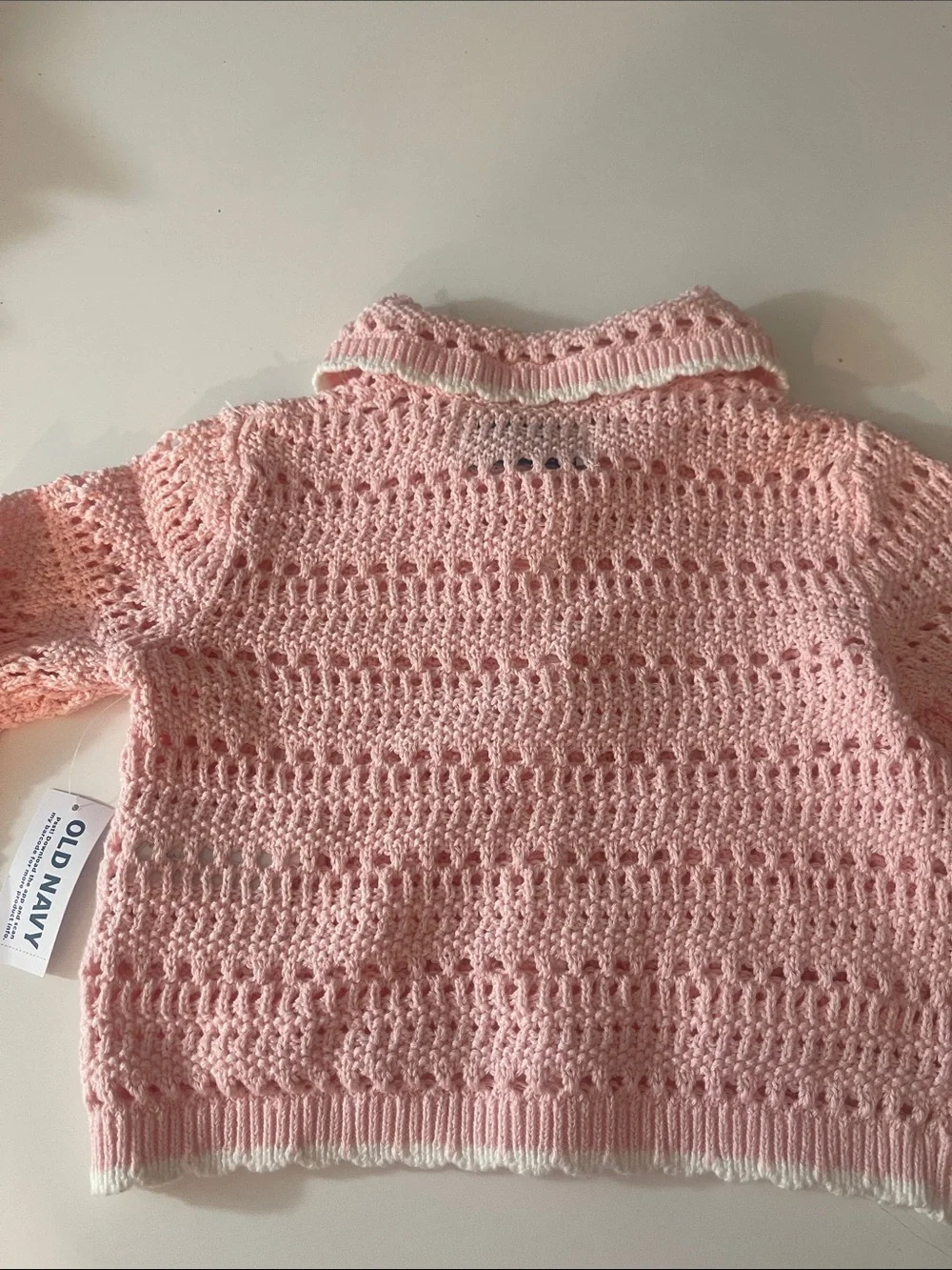 Old Navy Pink Crochet Cardigan with White Trim